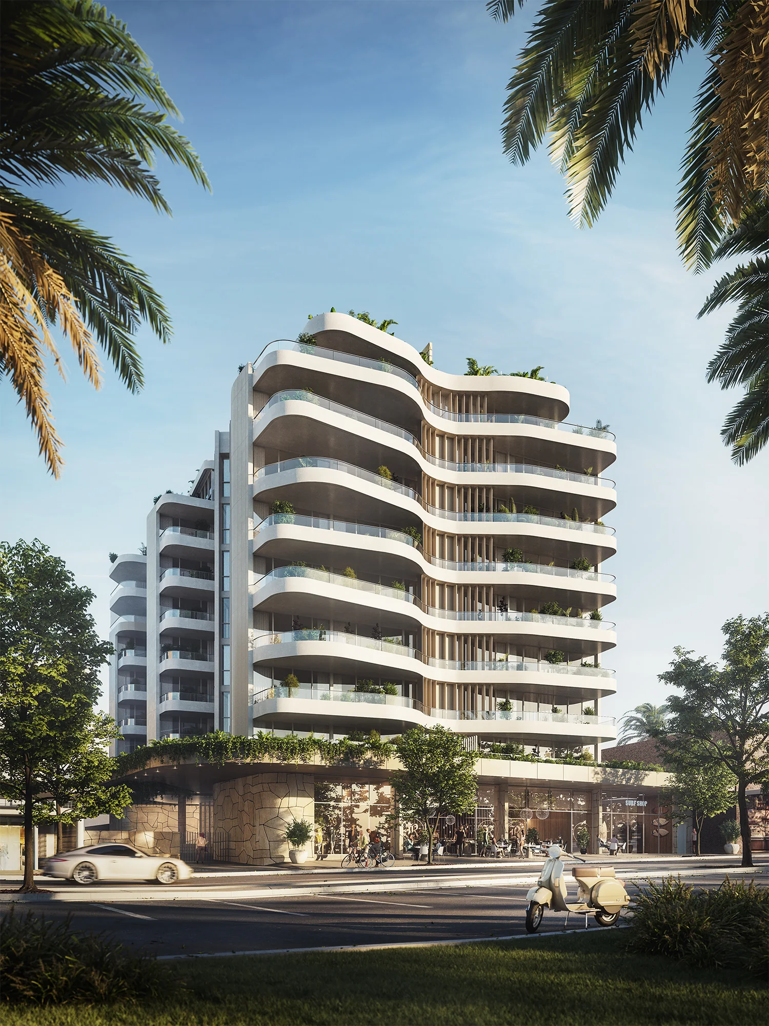 Apartment building with curved balconies and palms