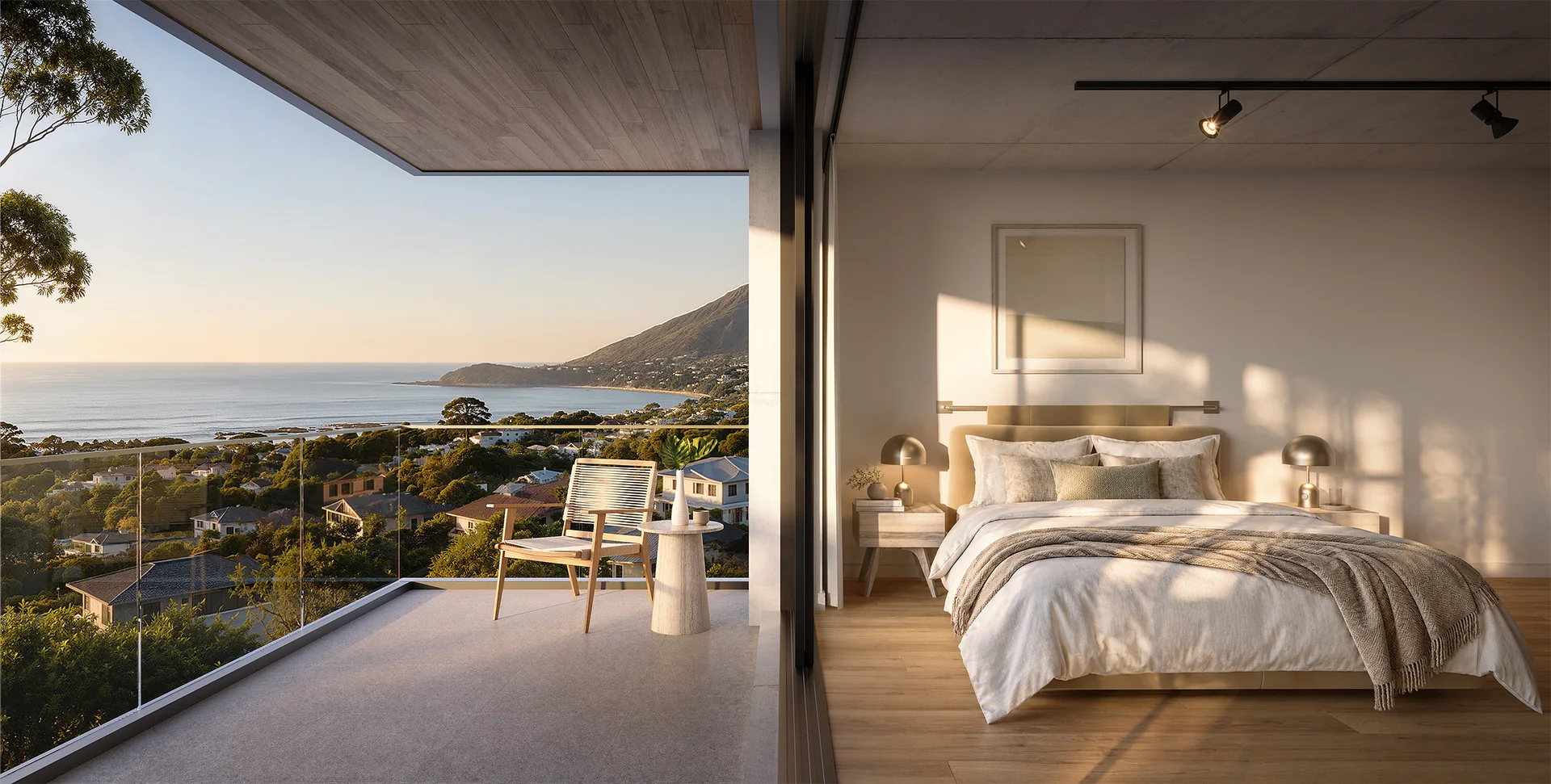 Sunlit bedroom opening onto a coastal terrace
