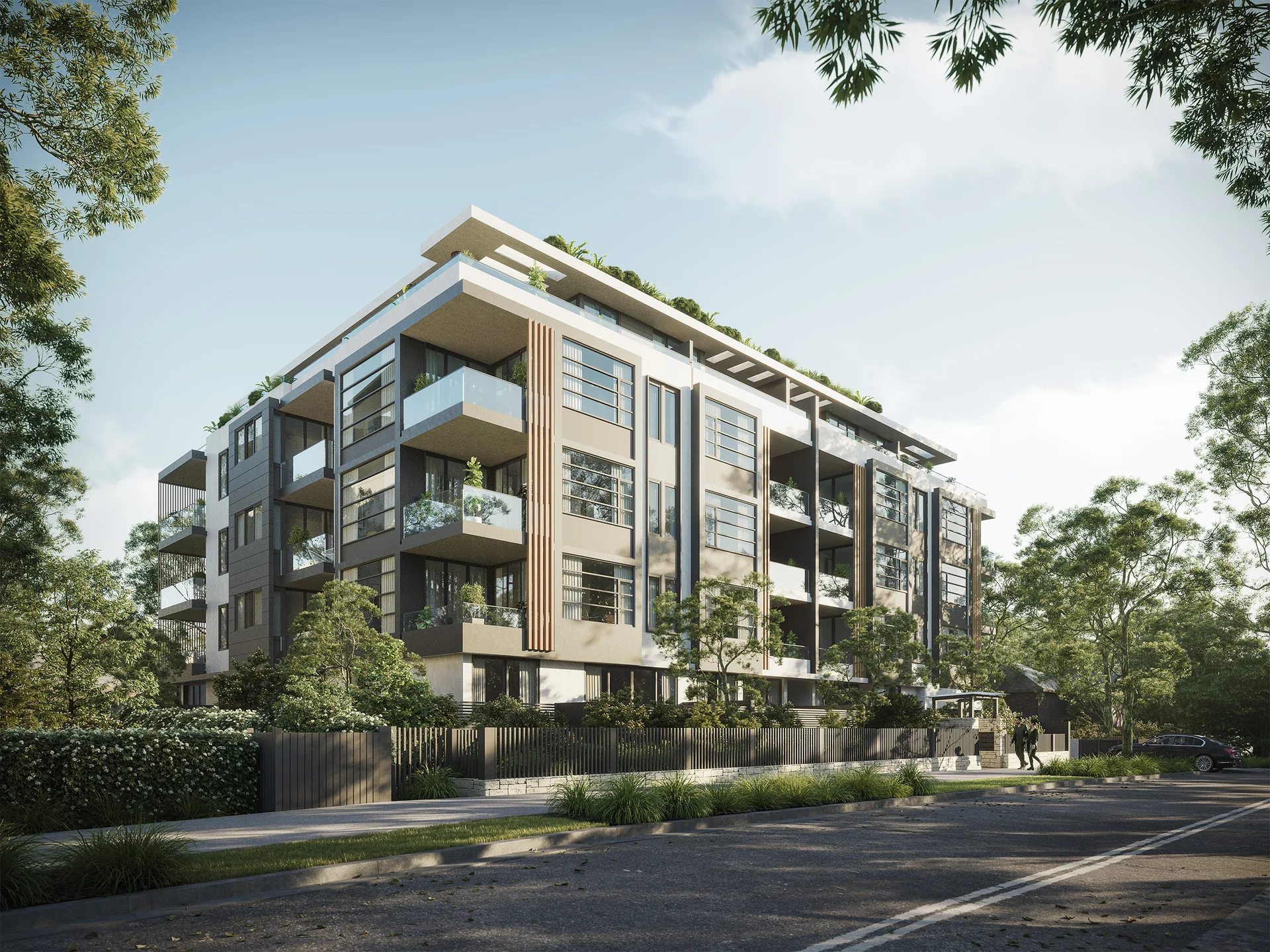 Residential architecture framed by trees